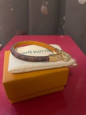 Monogram Brown Bracelet with Gold Charm, designer inspired